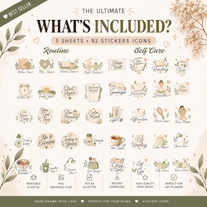 May include: A digital sticker set featuring 92 icons across 5 sheets, titled THE ULTIMATE WHAT'S INCLUDED. The icons depict routine and self-care themes in a muted color palette, including text labels like Relax Time, Sleep Well, and Tea Time.