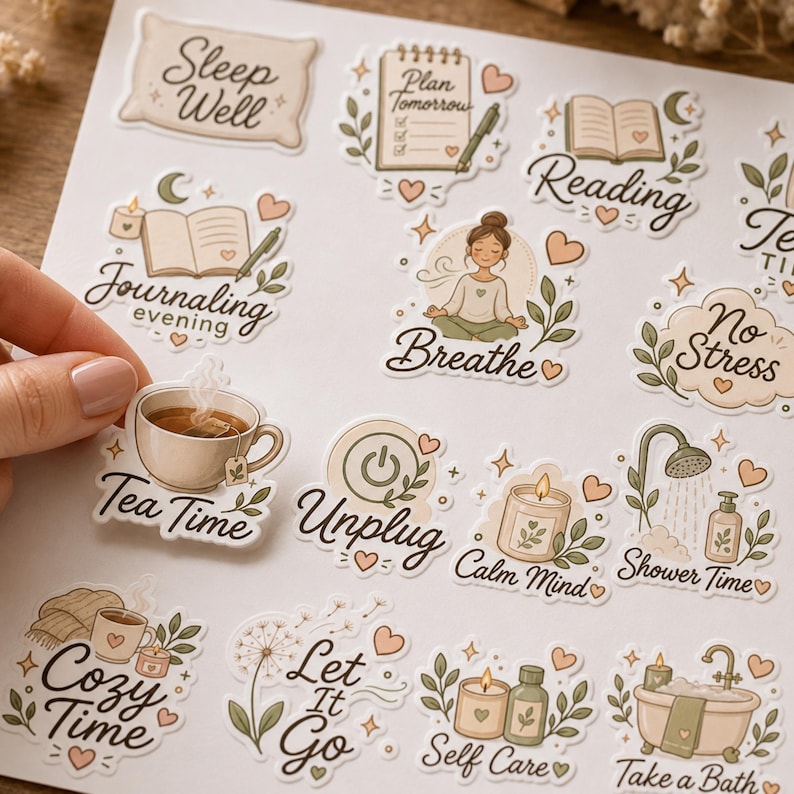May include: A sheet of self-adhesive stickers featuring illustrations of wellness and relaxation themes. Designs include a pillow with Sleep Well, a planner, a book with Reading, a person meditating with Breathe, a tea cup with Tea Time, and a bathtub.