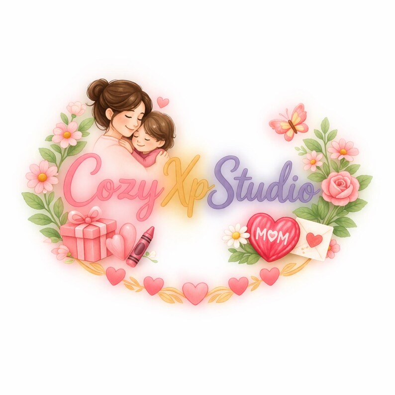 May include: A watercolor illustration featuring a mother embracing a child, surrounded by flowers and hearts. The text "Cozy Xp Studio" is displayed in a decorative font. Other elements include a gift box, crayon, and a heart-shaped emblem with the word "MOM".