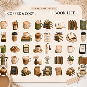 May include: A collection of stickers featuring coffee and book-themed illustrations, including mugs, stacks of books, candles, plants, a tote bag with the text 'BOOKS ARE MY LOVE LANGUAGE', a coffee bag, a cozy armchair, and a small wooden cabinet.