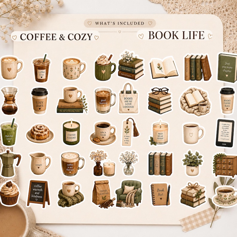 May include: A collection of stickers featuring coffee and book-themed illustrations, including mugs, stacks of books, candles, plants, a tote bag with the text 'BOOKS ARE MY LOVE LANGUAGE', a coffee bag, a cozy armchair, and a small wooden cabinet.
