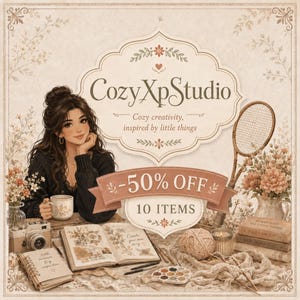 May include: A digital illustration featuring the text CozyXpStudio, Cozy creativity, inspired by little things, -50% OFF, and 10 ITEMS. A person with dark hair sits at a desk with a mug, camera, open journal, yarn, paint palette, and books.