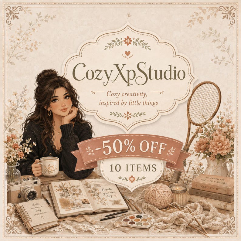 May include: A digital illustration featuring the text CozyXpStudio, Cozy creativity, inspired by little things, -50% OFF, and 10 ITEMS. A person with dark hair sits at a desk with a mug, camera, open journal, yarn, paint palette, and books.
