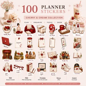 May include: A collection of 100 planner stickers titled Cherry & Cream Collection, featuring hand-drawn illustrations of daily activities, self-care routines, and lifestyle items in red and cream tones, including PNG and PDF printable file formats.