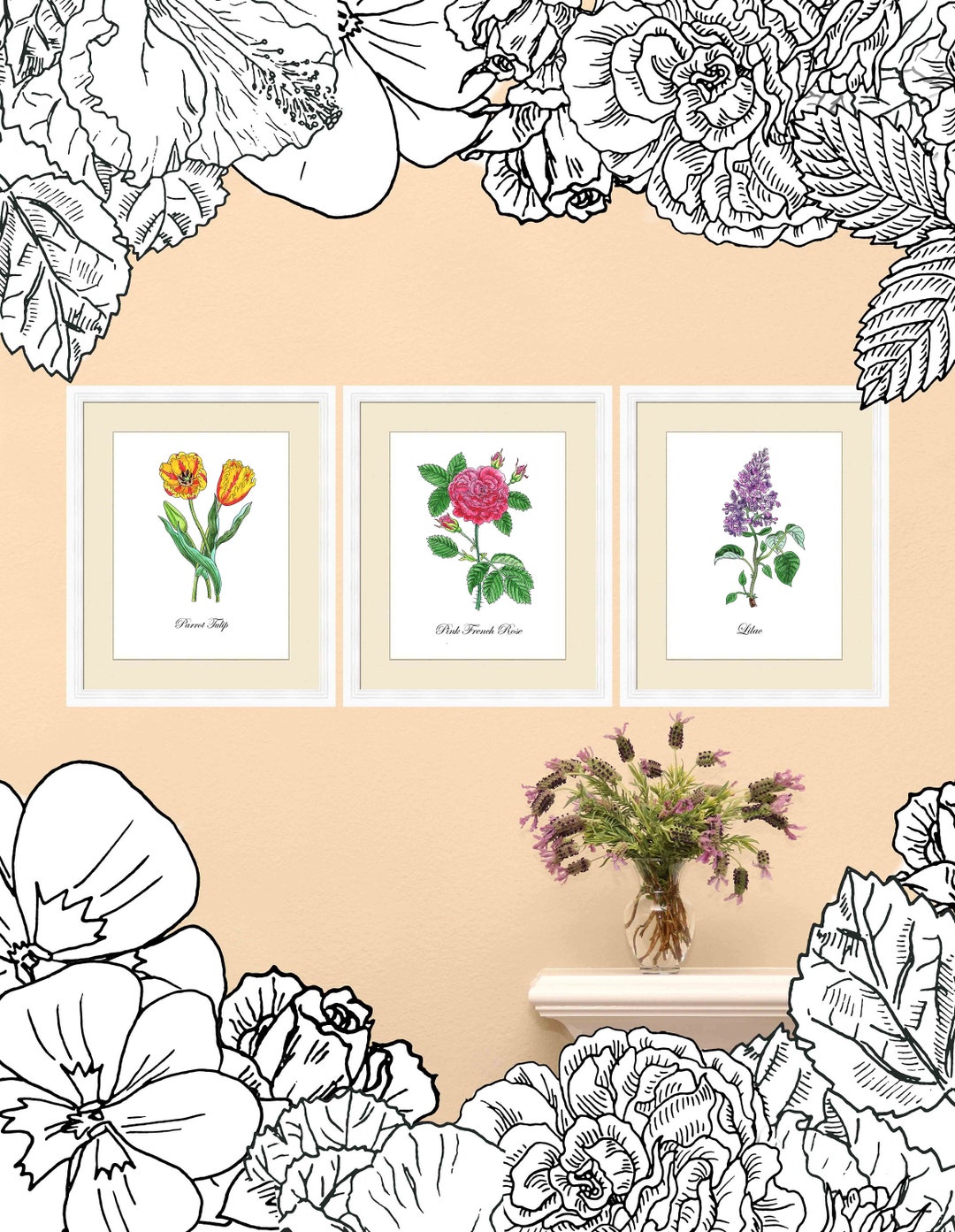 Set of 3 Watercolor Botanical Flowers Prints, Lilac, Rose, Tulip Wall ...