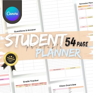 Puede incluir: Un planificador imprimible para estudiantes de 54 páginas, con secciones para la planificación semestral, el seguimiento de calificaciones y resúmenes de clases. El planificador incluye páginas para preguntas y respuestas. El logo de Canva es visible.