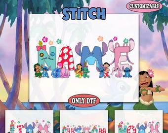 May include: DTF transfer featuring the word "STITCH" in blue, with the word "NAME" in colorful letters, each decorated with characters. The image includes the text "READY TO PRESS DTF TRANSFER" and "CUSTOMIZABLE".