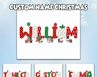 Personalized Custom Name Christmas DTF | Ready To Press Heat Transfer | Festive Letter Print with Santa, Tree & Gifts