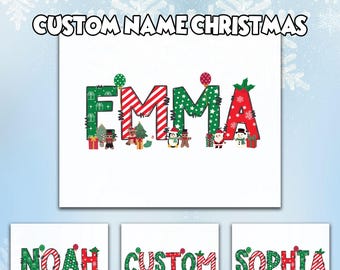 May include: A white DTF transfer featuring the name "EMMA" in a festive Christmas design. The letters are decorated with red and green patterns, Christmas trees, snowmen, and gift boxes. The text "READY TO PRESS DTF TRANSFER CUSTOM NAME CHRISTMAS" is at the top.