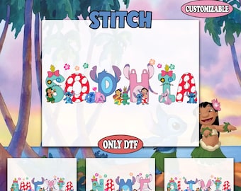 May include: DTF transfer featuring the name "SOPHIA" in colorful letters with Stitch characters. The design includes the text "READY TO PRESS DTF TRANSFER", "STITCH", "CUSTOMIZABLE", and "ONLY DTF". The image has a tropical theme.
