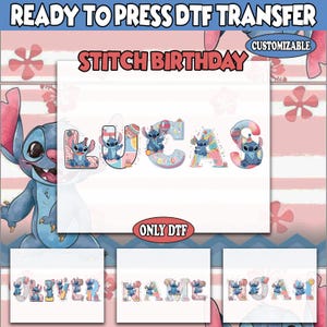Op de afbeelding: Een DTF-transferontwerp met de naam "LUCAS", waarbij het personage Stitch in elke letter is verwerkt. Het ontwerp bevat de tekst "STITCH BIRTHDAY" en is geplaatst tegen een roze en witte gestreepte achtergrond. Extra naamontwerpen worden ook getoond.