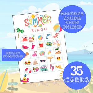 Gioco del bingo estivo di fine scuola stampabile, 35 carte + biglietti da visita e pennarelli/Attività estiva per bambini/Gioco per feste in classe/Download immediato