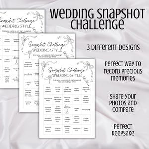 May include: Three black and white wedding snapshot challenge cards with various prompts. The cards have a decorative bow and champagne glass design. Text on the cards includes "Wedding Style" and "Grab your cameras and start snapping!"