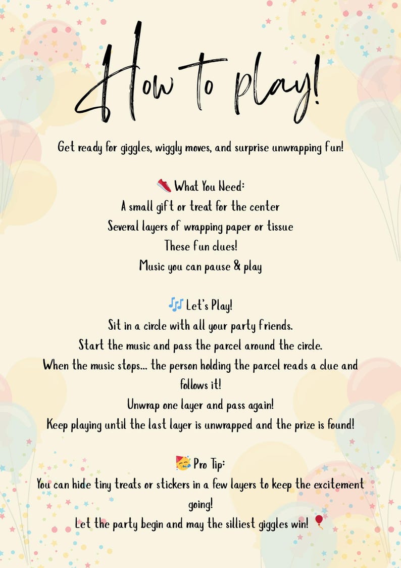 Kids Birthday Party Game – Pass the Parcel Printable Clue Cards ...