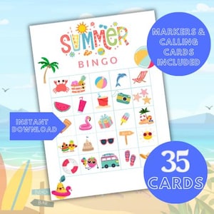 Summer Bingo Game Printable: 35 Unique Cards, Kids Party Activity (Instant Download)