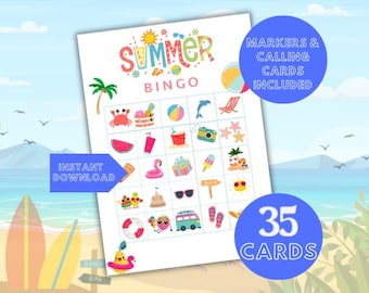 Bingo de verano para niños: 35 tarjetas imprimibles únicas para divertirse en fiestas (descarga digital)