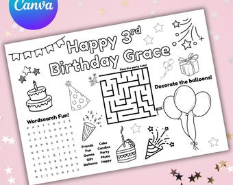 Birthday Party Coloring Placemat – Personalized Activity for Kids (Digital A4 Printable)