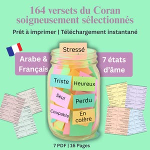 Peut inclure: Téléchargement numérique avec 164 versets du Coran, soigneusement sélectionnés. L'image montre un bocal rempli de notes adhésives colorées, chacune étiquetée avec une émotion différente. Comprend du texte arabe et français.