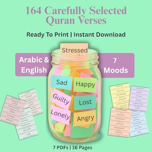 Puede incluir: Descarga digital con 164 versículos del Corán cuidadosamente seleccionados, listos para imprimir. La imagen muestra un tarro con la etiqueta "Stressed" con notas que representan 7 estados de ánimo. Incluye texto en árabe e inglés.