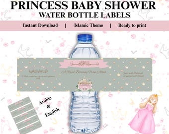Princess Islamic Baby Shower Water Bottle Labels – Aqeeqah Favors, Girl Baby Party Decor – Instant Download – Rahma Noor Dua – Aqeeqah Decor