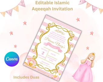 Princess Islamic Baby Shower Aqeeqah Invitation | Editable Canva Template | Muslim Baby Birth Announcement | Islamic Aqiqa Invite Baby Girl