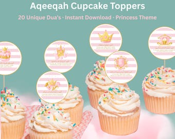Islamic Baby Shower Aqeeqah Cupcake Toppers – Princess Theme | 20 Duas | Digital Download PDF | Newborn Girl | Muslim Party Decor | Aqiqa