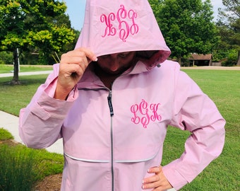 Pink rain jacket raincoat Preppy Charles River Women's New Englander 5099 Monogrammed Rain Jacket Sorority Greek Preppy Plus Size