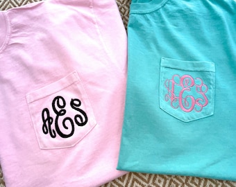 Monogrammed Comfort Colors Short Sleeve Pocket T-Shirt - Bridesmaid Gift - Monogram Tee - Unisex Pocket Tee - Short Sleeve Shirt - Gift Idea