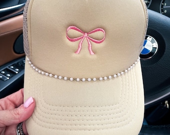 Trendy Coquette pink Bow Foam Trucker hat with gold pear chain embroidered bow trucker hat trucker cap