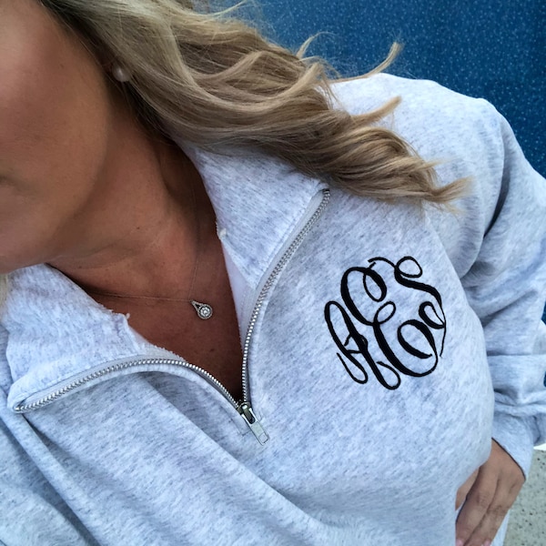 Monogram Quarter Zip Pullover Sweatshirt, Christmas Gift for Her, Plus size available