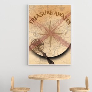 Vintage Pirate Map Poster - Treasure Awaits Wall Art - Nautical Adventure Decor for Kids Room, Office, Game Room or Pirate Party