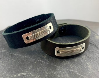 Strapped Silver Rectangle Leather Cuff