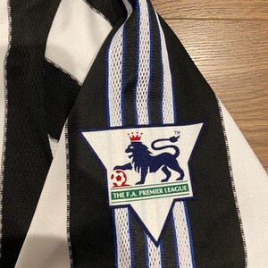 May include: Black and white striped jersey with a Premier League logo. The jersey features a triangular patch with a lion and soccer ball emblem, and the text "THE F.A. PREMIER LEAGUE". The jersey has blue accents.