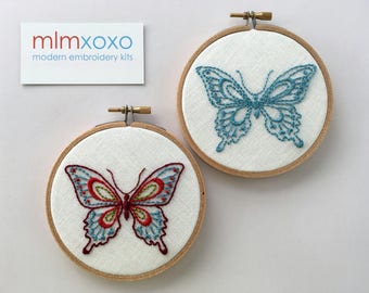 Hand Embroidered Butterfly.  4" hoop.  monochrome or multicolored.  hand embroidery.  garden motif.  hoop art. modern embroidery by mlmxoxo.