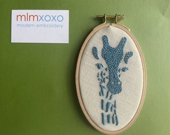 Giraffe.  hand embroidered. hoop art. 6" x 4" oval frame. embroidered giraffe.  home decor. nursery decor. child's room. mlmxoxo embroidery.