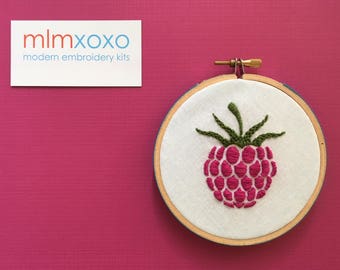 Hand Embroidered Raspberry.  4" hoop.  hand embroidery.  fruit.  kitchen decor.  hoop art.  modern embroidery by mlmxoxo.