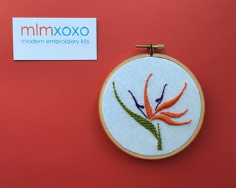 Bird of Paradise Embroidery KIT by mlmxoxo.  modern embroidery kit. embroidered tropical flower.  botanical. hand embroidery hoop art kit.