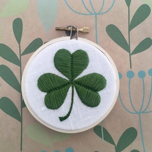 Hand Embroidered Clover.  Hand Embroidered Shamrock.  3" hoop.  St Patrick's Day.  Irish keepsake.  hoop art.  modern embroidery by mlmxoxo.