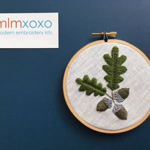 Hand Embroidered Leaf.  4&quot; hoop. acorn. chestnut leaf. Japanese maple. Canadian maple leaf. foliage. hoop art. modern embroidery by mlmxoxo.