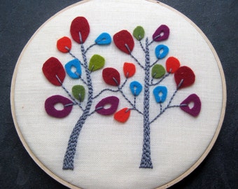 Hand Embroidered Tree.  8" hoop.  hand embroidery and felt applique.  autumn foliage.  tree of life.  hoop art.  modern embroidery mlmxoxo.