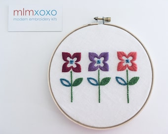 Floral Trio embroidery PDF pattern by mlmxoxo.  modern embroidery.  diy tutorial. learn to embroider.  flower design. botanical. digital PDF