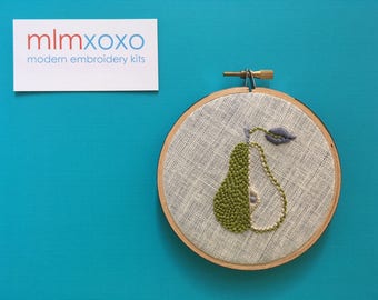 Hand Embroidered Pear.  4" hoop.  hand embroidery.  fruit motif.  home decor.  hoop art.  modern embroidery by mlmxoxo.