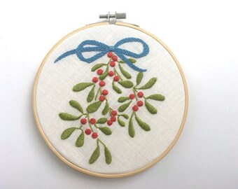 Mistletoe hand embroidered by mlmxoxo.  Christmas decoration.  holiday decoration.  red.  festive.  green.  aqua.   6" embroidery hoop art.