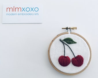 Hand Embroidered Cherries.  3" hoop.  hand embroidery.  fruit motif.  kitchen decor.  hoop art.  modern embroidery by mlmxoxo.