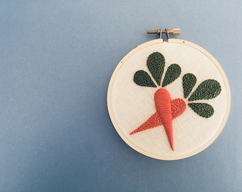 Hand Embroidered Carrot.  4" hoop.  hand embroidery.  vegetable.  garden motif.  hoop art.  modern embroidery by mlmxoxo.