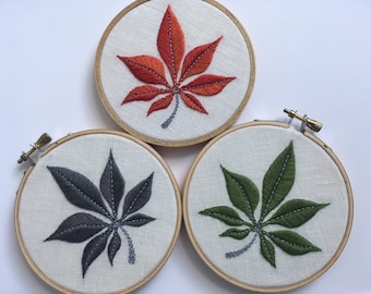 Hand Embroidered Buckeye Leaf.  4" hoop. embroidered leaf. fall foliage. autumn decor. Thanksgiving. hoop art. modern embroidery by mlmxoxo.