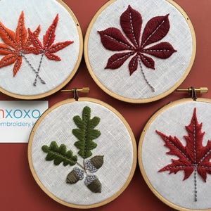 Hand Embroidered Leaf. 4&quot; hoop. acorn. chestnut leaf. Japanese maple. Canadian maple leaf. foliage. hoop art. modern embroidery by mlmxoxo.