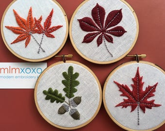 Hand Embroidered Leaf. 4" hoop. acorn. chestnut leaf. Japanese maple. Canadian maple leaf. foliage. hoop art. modern embroidery by mlmxoxo.