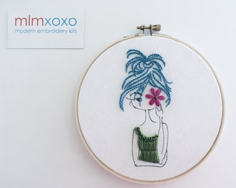 Girl with Daisy embroidery PDF pattern by mlmxoxo.  modern embroidery.  diy tutorial.  learn to embroider.  teen's room decor. digital PDF.