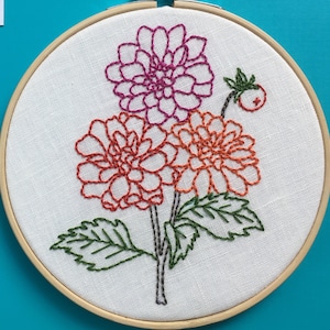 Dahlias embroidery PDF pattern, instructions & guide.  floral. diy tutorial.  learn to embroider.  beginner embroidery.  instant download.